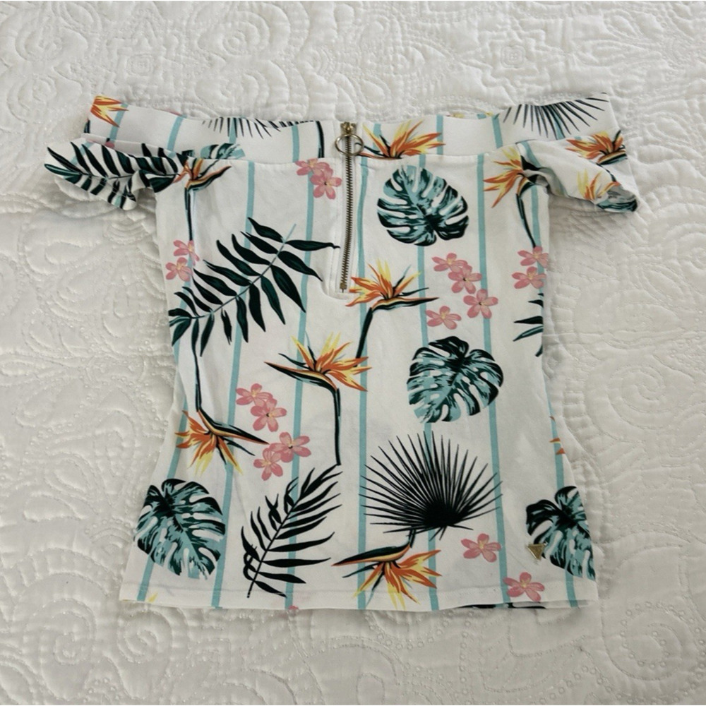 Guess Off Shoulder Top Women’s Size Small White Tropical Floral Front Zip